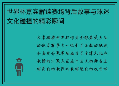 世界杯嘉宾解读赛场背后故事与球迷文化碰撞的精彩瞬间