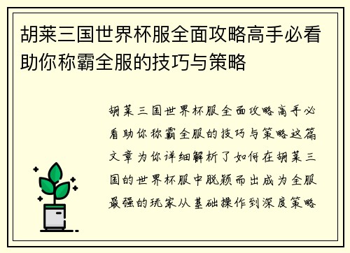 胡莱三国世界杯服全面攻略高手必看助你称霸全服的技巧与策略