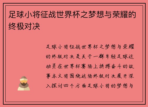 足球小将征战世界杯之梦想与荣耀的终极对决